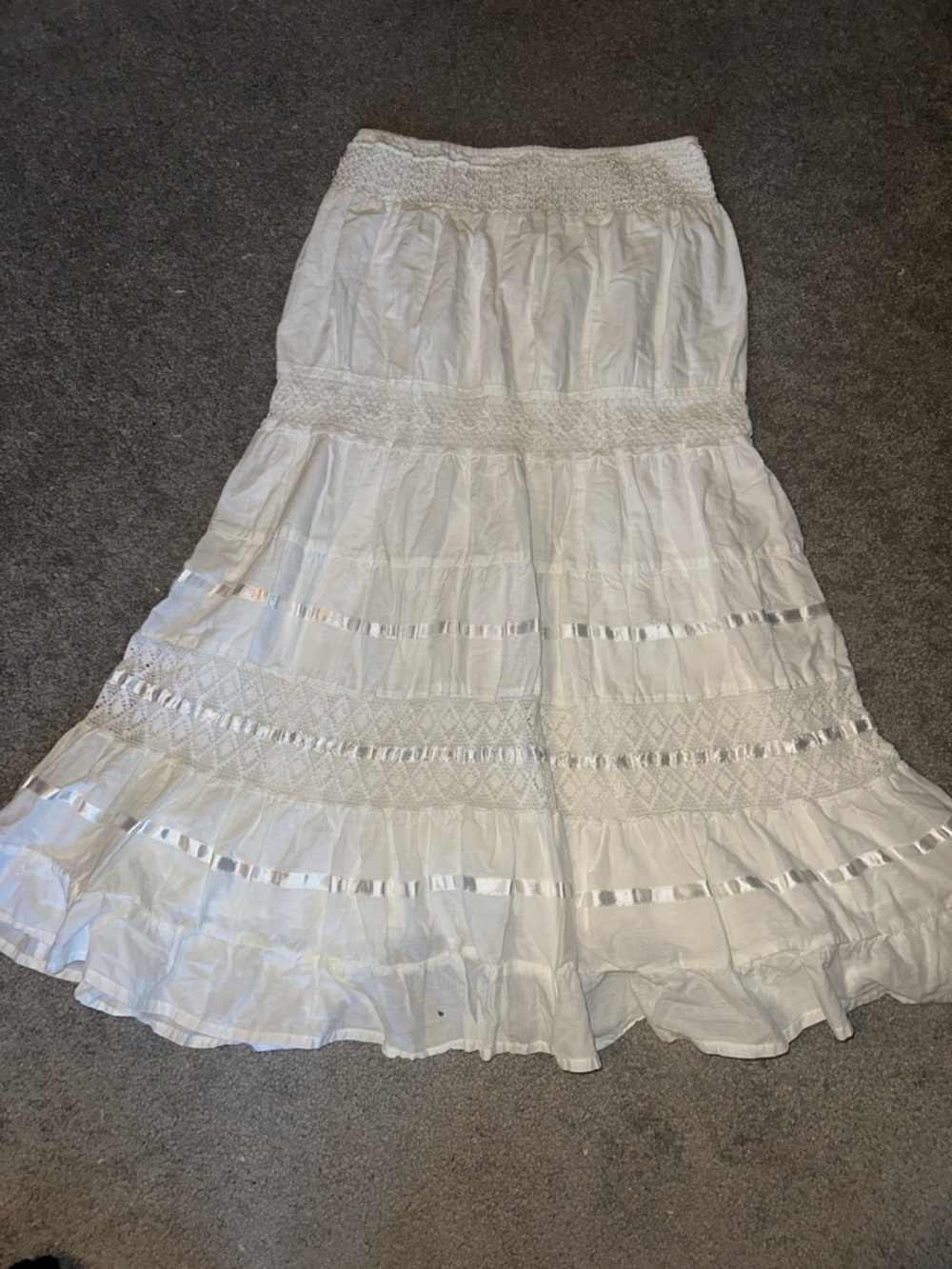 Boho White Tiered Maxi Skirt with Smocked Waist